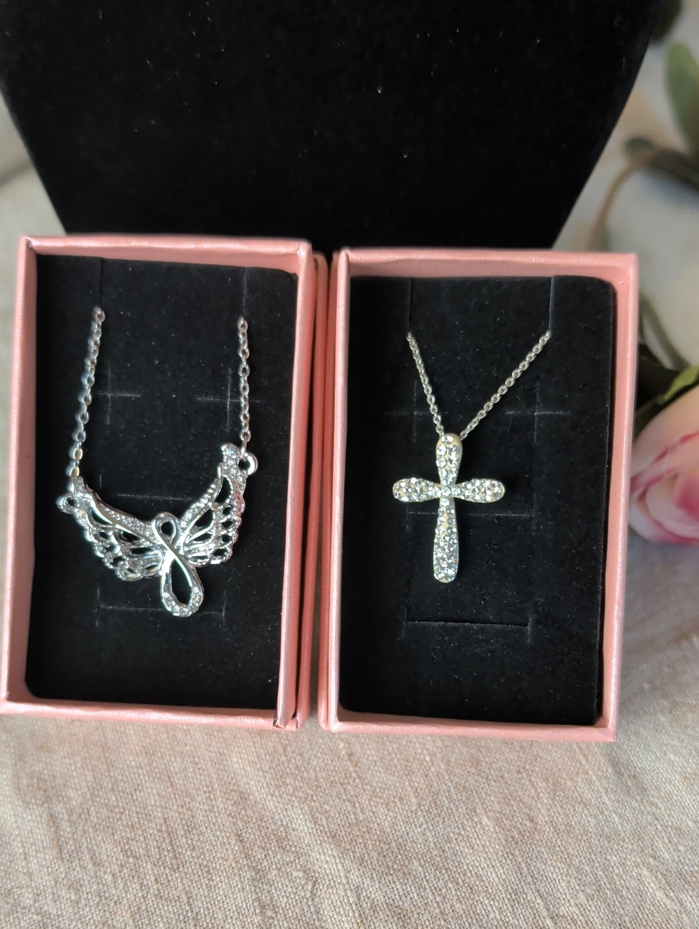 Vintage Silver Tone Angel Wings Crystal Cross Necklace Set Layered Y2K Celestial